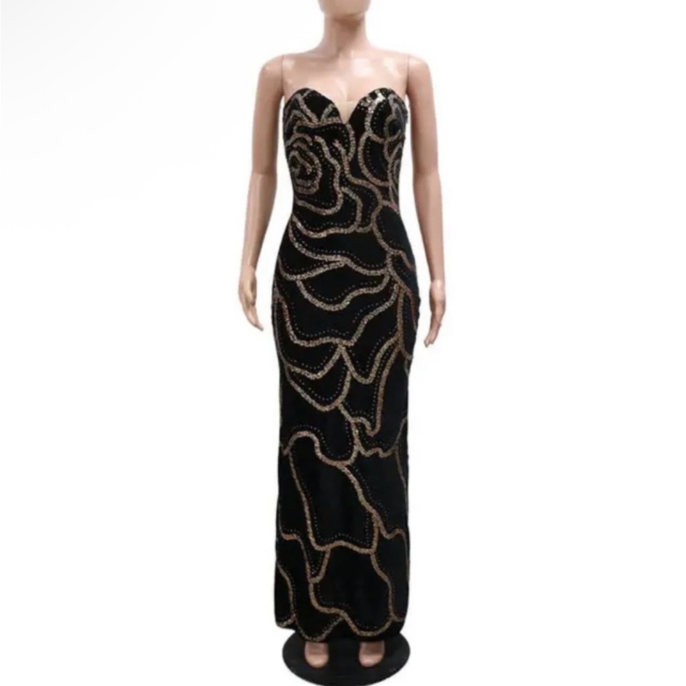 Strapless Black Evening Gown with Rose Gold Embellishment